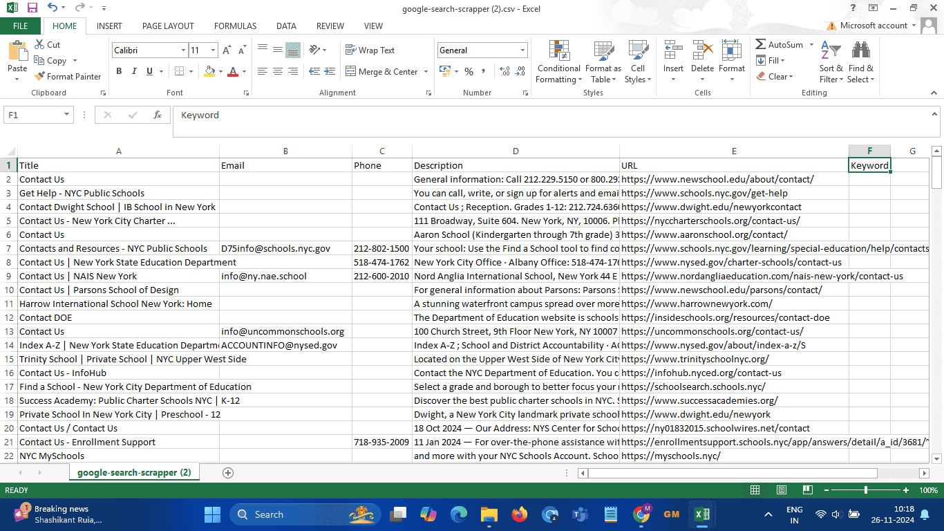 live Website Data Scraper Result